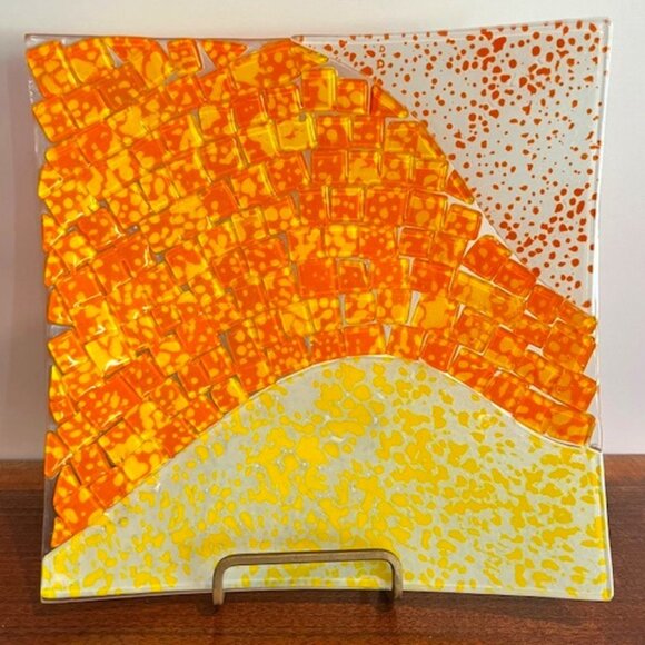 Orange and Yellow Fused Glass Square Plate Serving Dish 8 3/4" - Picture 1 of 5